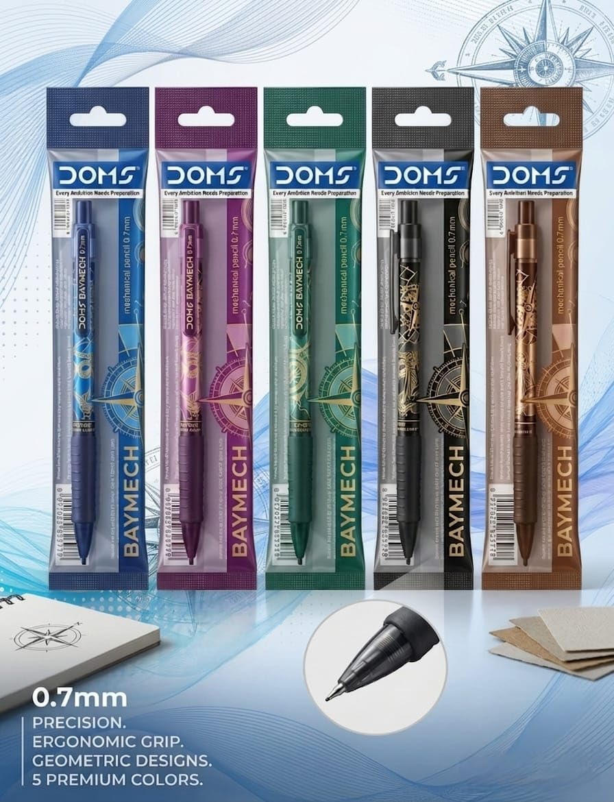 Doms BAYMECH 0.7mm Mechanical Pencil- Pack of 10 | 5 Vibrant Body Colors With Soft Rubberized Grip | Rich Modern Look | Super Dark HB Grade Strong Graphite, Built-in Eraser & 2 Spare Leads