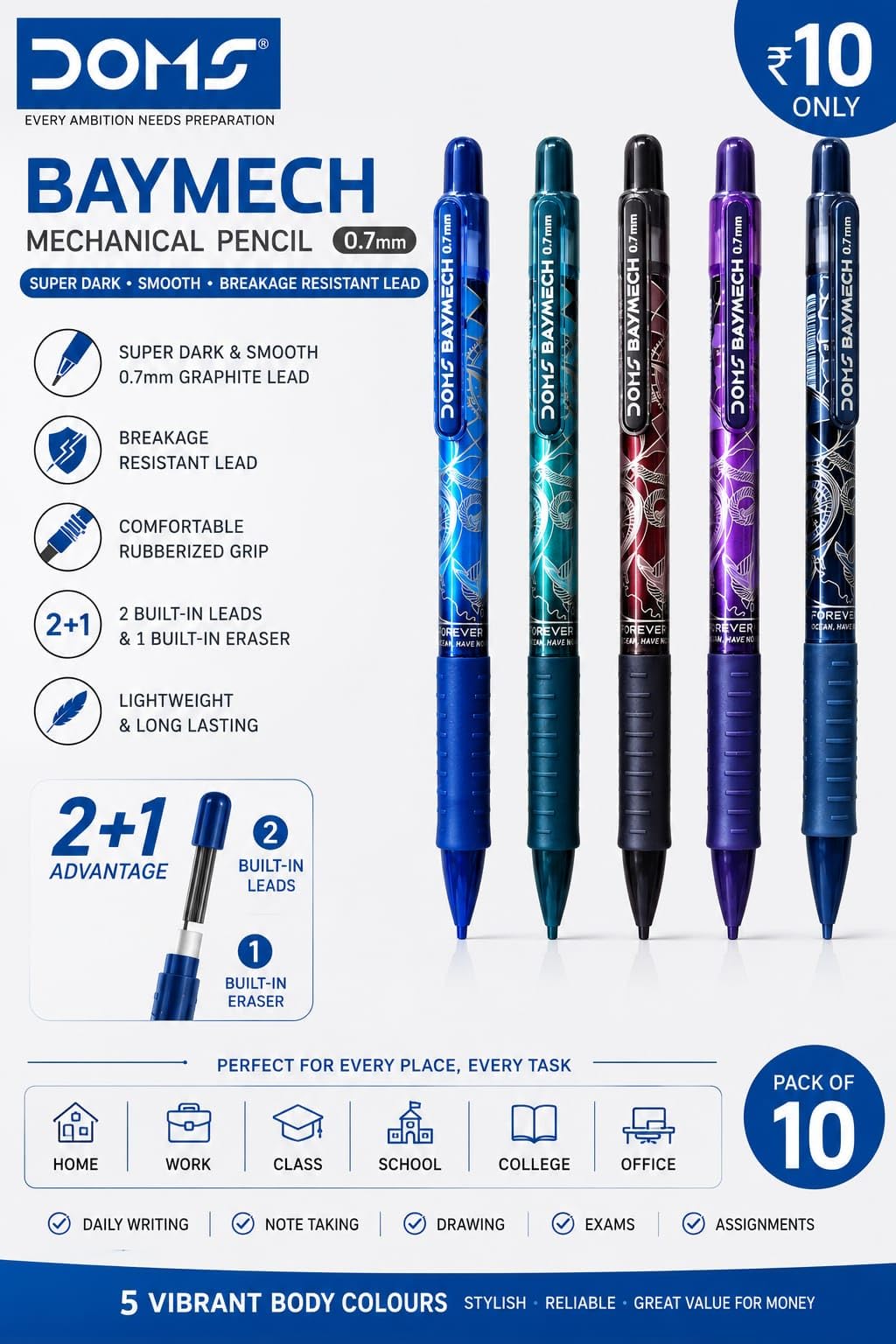 Doms BAYMECH 0.7mm Mechanical Pencil- Pack of 10 | 5 Vibrant Body Colors With Soft Rubberized Grip | Rich Modern Look | Super Dark HB Grade Strong Graphite, Built-in Eraser & 2 Spare Leads 3