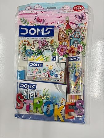 Doms Art Strokes Kit | Complete Art Set for Kids | Includes Drawing Book, Oil Pastels, Wax Crayons, Colour Pencils, Eraser & Sharpener | Ideal for School & Hobby Use