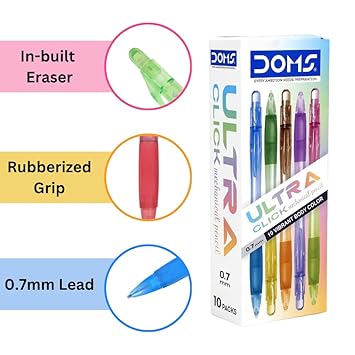 Doms Ultra-Click Mechanical Pencil | 0.7mm Lead and Built-in Eraser | 5 Vibrant Body Color | Pack of 10 | Extra Smooth and Dark Writing | Official Merchandise 4