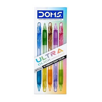 Doms Ultra-Click Mechanical Pencil | 0.7mm Lead and Built-in Eraser | 5 Vibrant Body Color | Pack of 10 | Extra Smooth and Dark Writing | Official Merchandise
