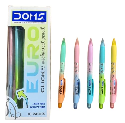 Doms Euro Click 0.7mm Extra Dark Mechanical Pencil- 5 Attractive Body Colours- In Built Eraser & 1 Extra Lead- Triangular Soft Rubberized Grip- Silent Click-Super Smooth Writing- Pack of 10 Pencils