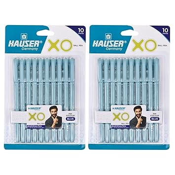 Hauser XO 0.7mm Ball Pen Blister Pack | Sleek Body & Minimalistic Design | Matt Finish & Solid Body Type | Low Viscosity Ink With Ultra Durable Tip | Blue Ink, Pack of 20 Pens