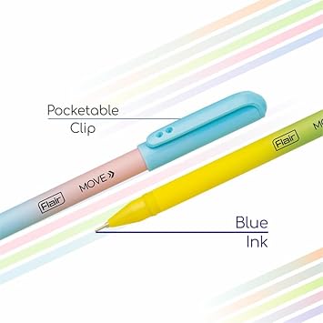 FLAIR Move Fine Tip Ball Pen | Minimalistic & Aesthetic Matt Finish Pastel Body Colors | Effortless Writing With Sleek Clip Design | Blue Ink, Pack Of 20