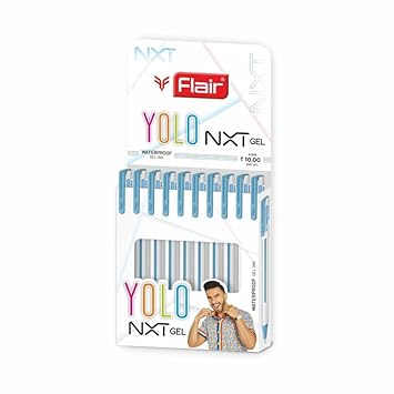 FLAIR Yolo NXT Waterproof Gel Ink Pen | Attractive Body Color & Design with Stylish Pocketable Clip | Smudge Free & Non-Stop Writing | Blue Ink, Pack Of 10
