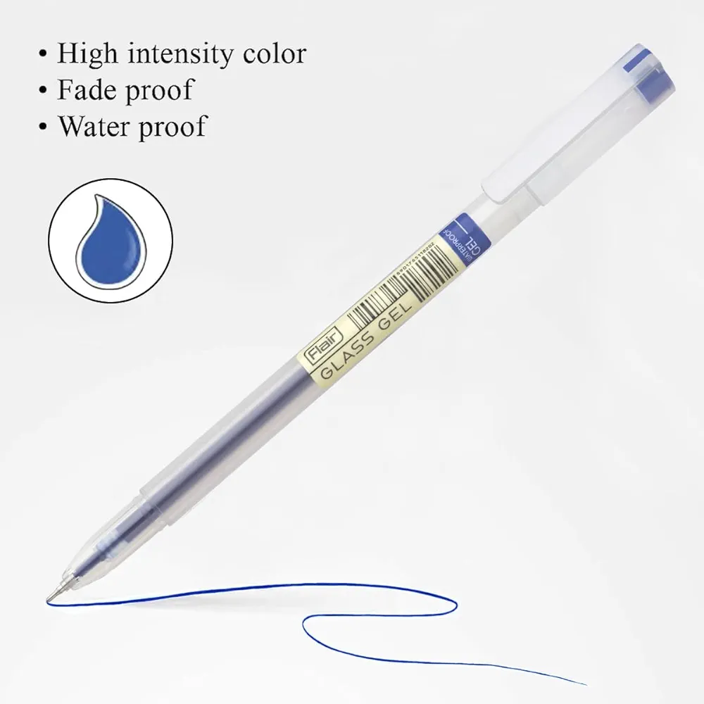 FLAIR Glass Gel Pen Wallet Pack | Tip Size 0.6 mm | Water Proof Ink For Smooth Flow System | Low-Viscosity Ink For Smudge Free Writing | Blue Ink, Pack Of 30 2