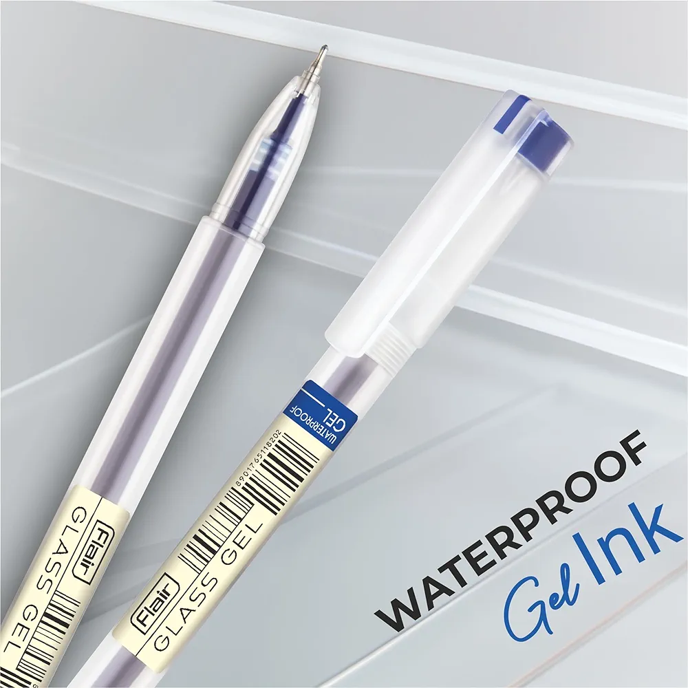 FLAIR Glass Gel Pen Wallet Pack | Tip Size 0.6 mm | Water Proof Ink For Smooth Flow System | Low-Viscosity Ink For Smudge Free Writing | Blue Ink, Pack Of 30 4