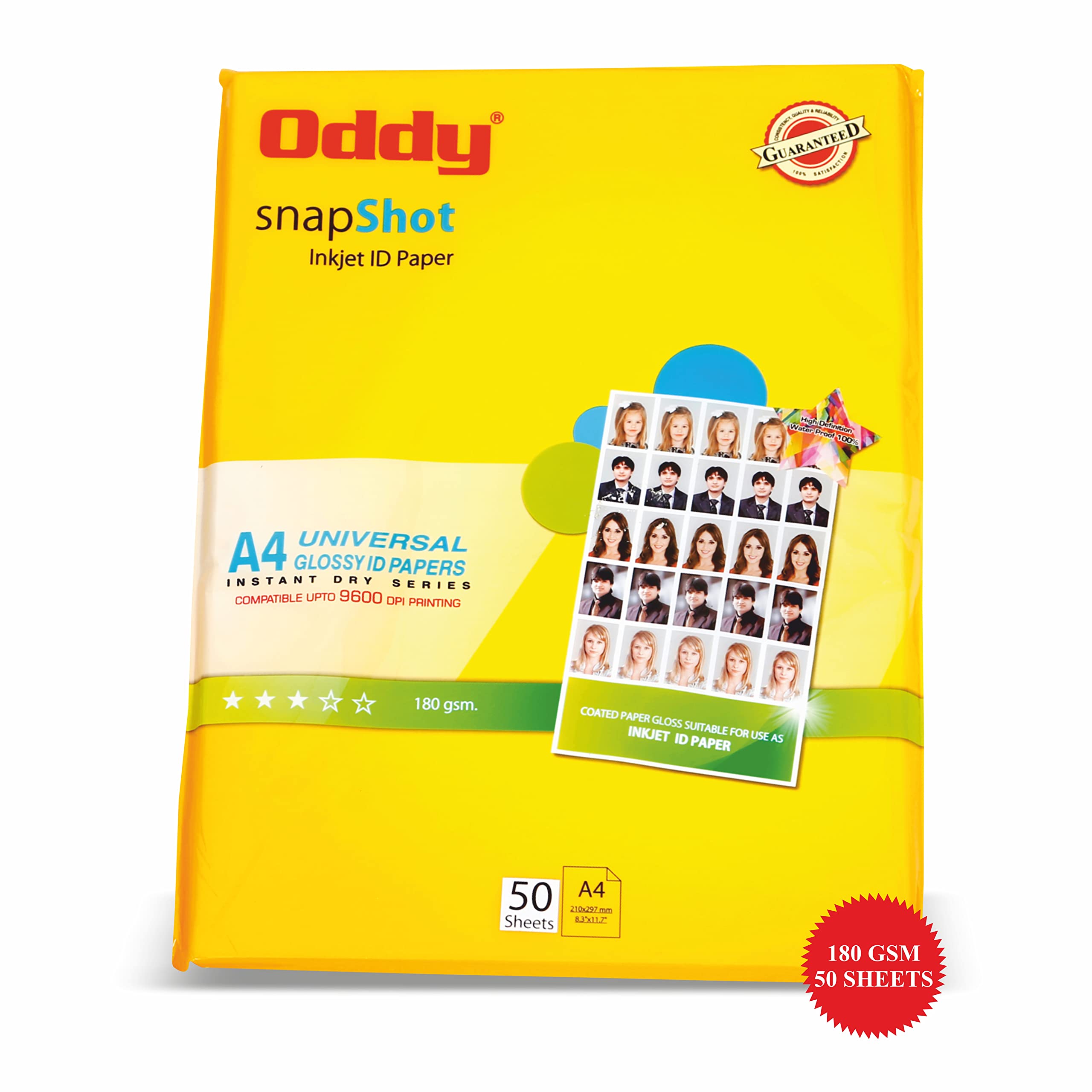 Oddy Snapshot Glossy Inkjet ID Photo Paper- 180 GSM, A4 Size, 50 Sheets Pkt