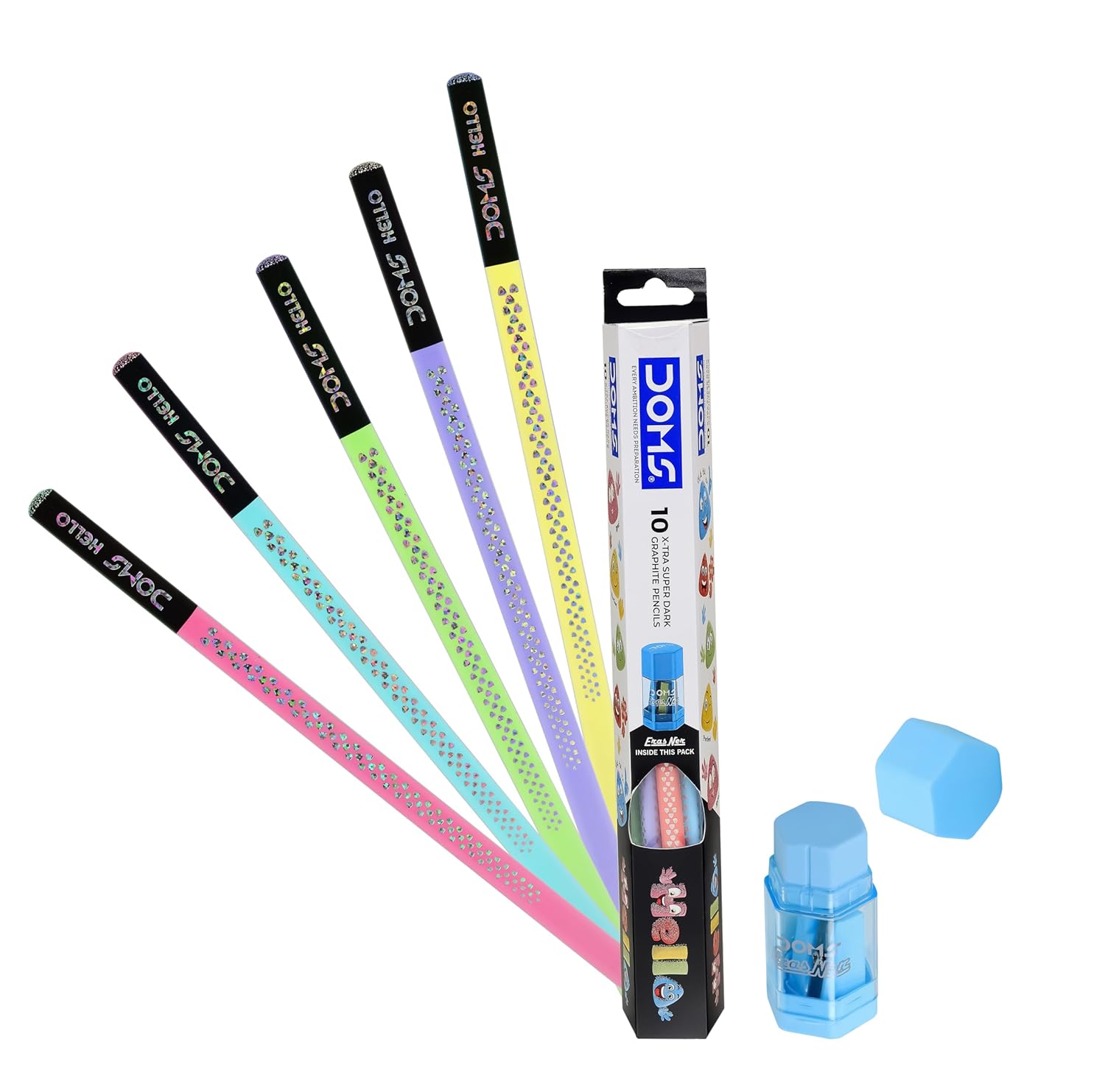 Doms Hello X-Tra Dark Pencil (pastel Shades) with Free Erasner (Erase + Sharp), Black