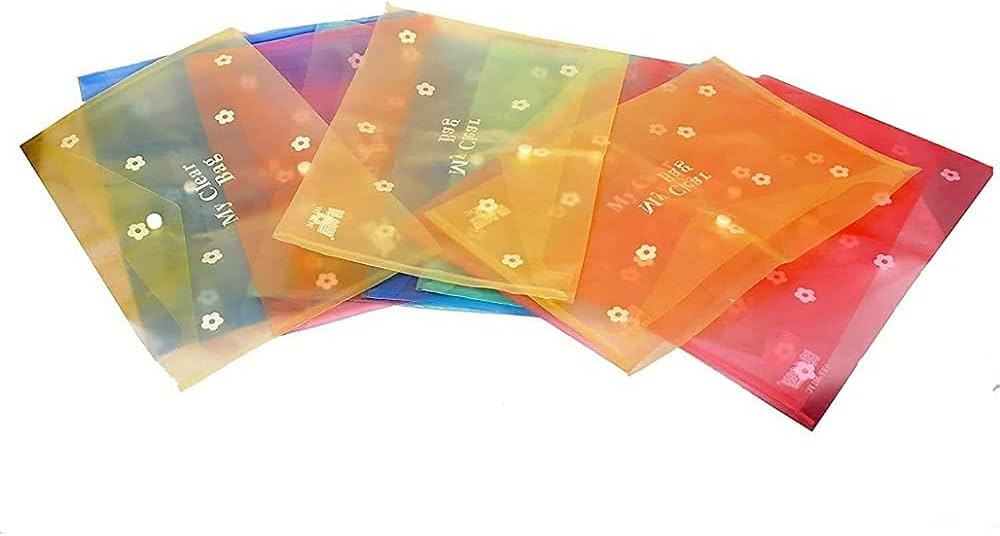 My Clear Bag Pack of 12 Full Size A4 Imported Lightweight Durable Plastic, Floral Design Transparent Plastic Folder, Button Closer File, Document Organizer