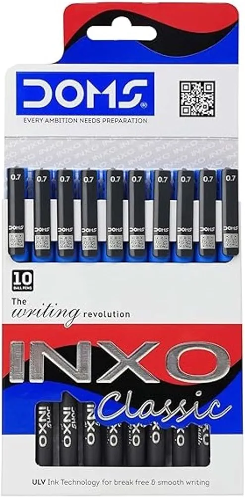Doms Inxo Classic Ballpoint Pen| The Writing Revolution| ULV Ink Technology For Break Free & Smooth Writing| Ink Colour- Blue| 10 Ballpen Pack| For Daily Writing Use