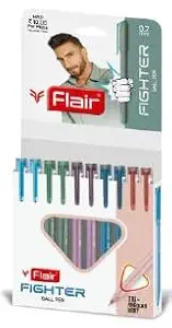 FLAIR FIGHTER 0.7mm Ballpen-Blue Ink- Pack of 10| Lightweight, Sleek Body, Comfortable Grip, Low-Viscosity Ink For Smudge Free Smooth & Long Writing| For Daily Writing Use