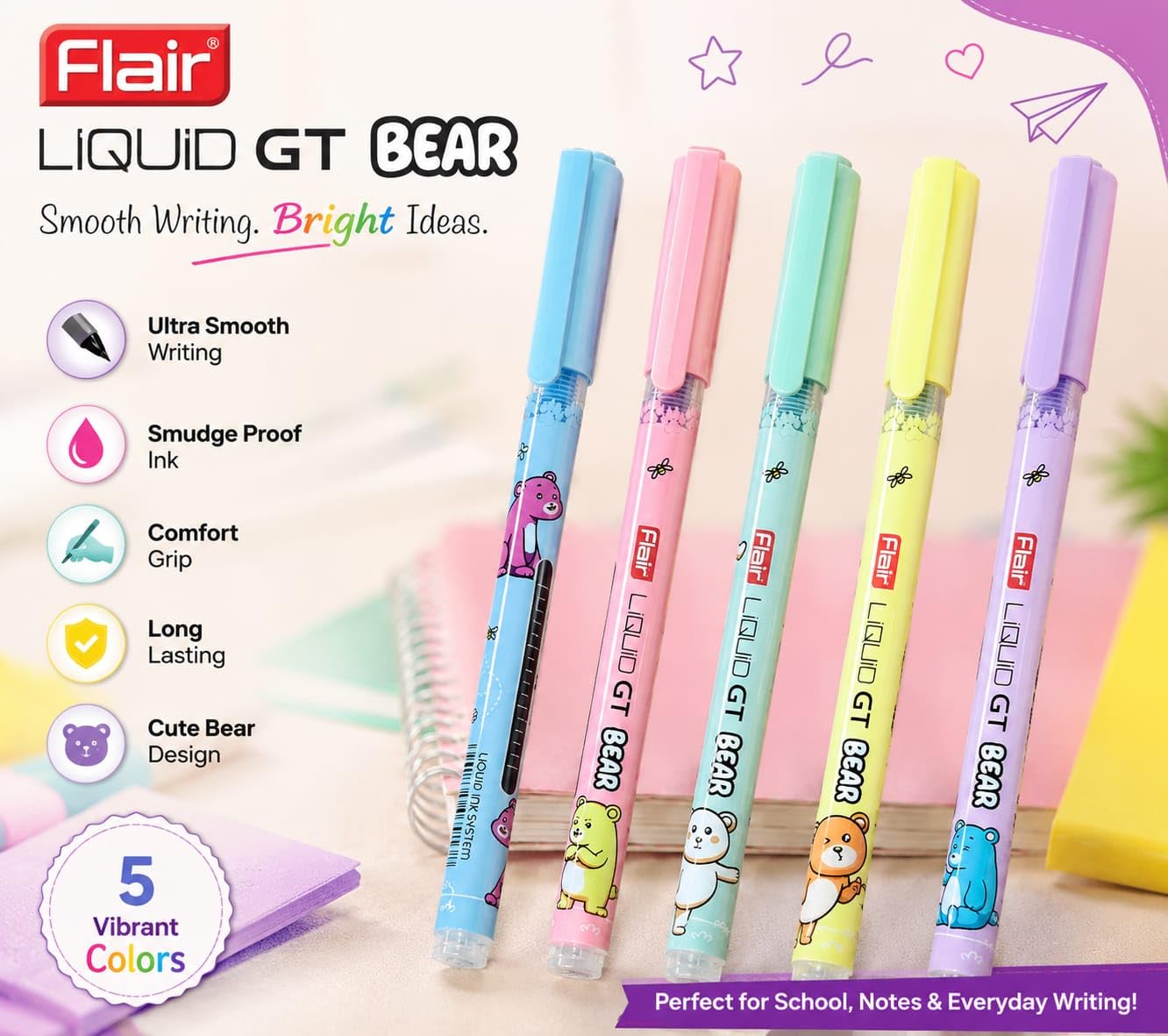 FLAIR Liquid GT Bear Roller Pen - Pack of 10- BLUE | Liquid Ink System| 0.6mm Precision Needle Tip | Non-Fading, Smudge-Free & Quick Dry | Ideal for Exams, School & College - Pastel Body Designs