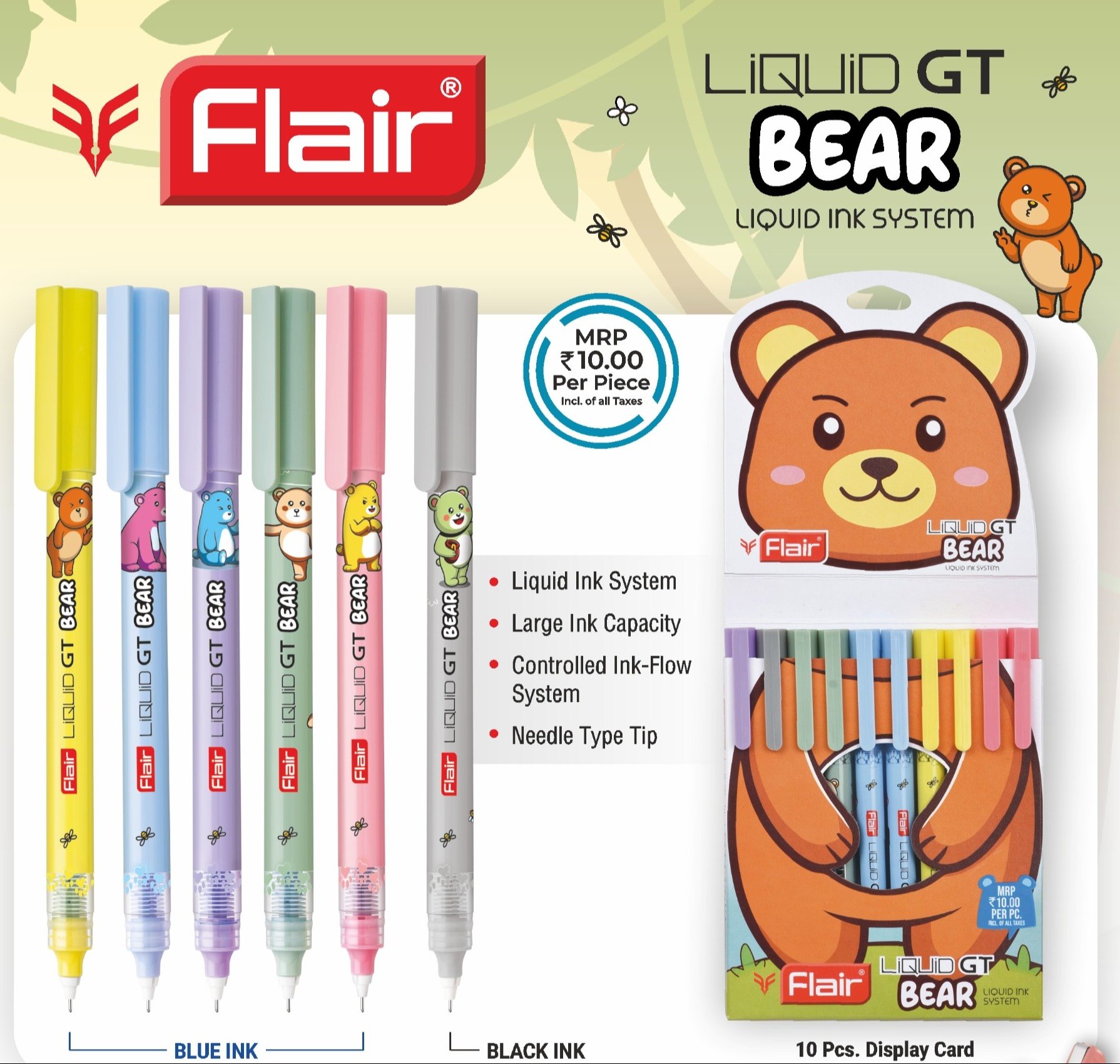FLAIR Liquid GT Bear Roller Pen - Pack of 10- BLUE | Liquid Ink System| 0.6mm Precision Needle Tip | Non-Fading, Smudge-Free & Quick Dry | Ideal for Exams, School & College - Pastel Body Designs 2