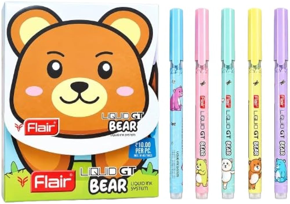 FLAIR Liquid GT Bear Roller Pen - Pack of 10- BLUE | Liquid Ink System| 0.6mm Precision Needle Tip | Non-Fading, Smudge-Free & Quick Dry | Ideal for Exams, School & College - Pastel Body Designs 3