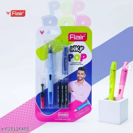 Flair | Fountain Pen | Inky-Grip | with 2 Jumbo Blue Ink Cartridges pack of 1 set 5