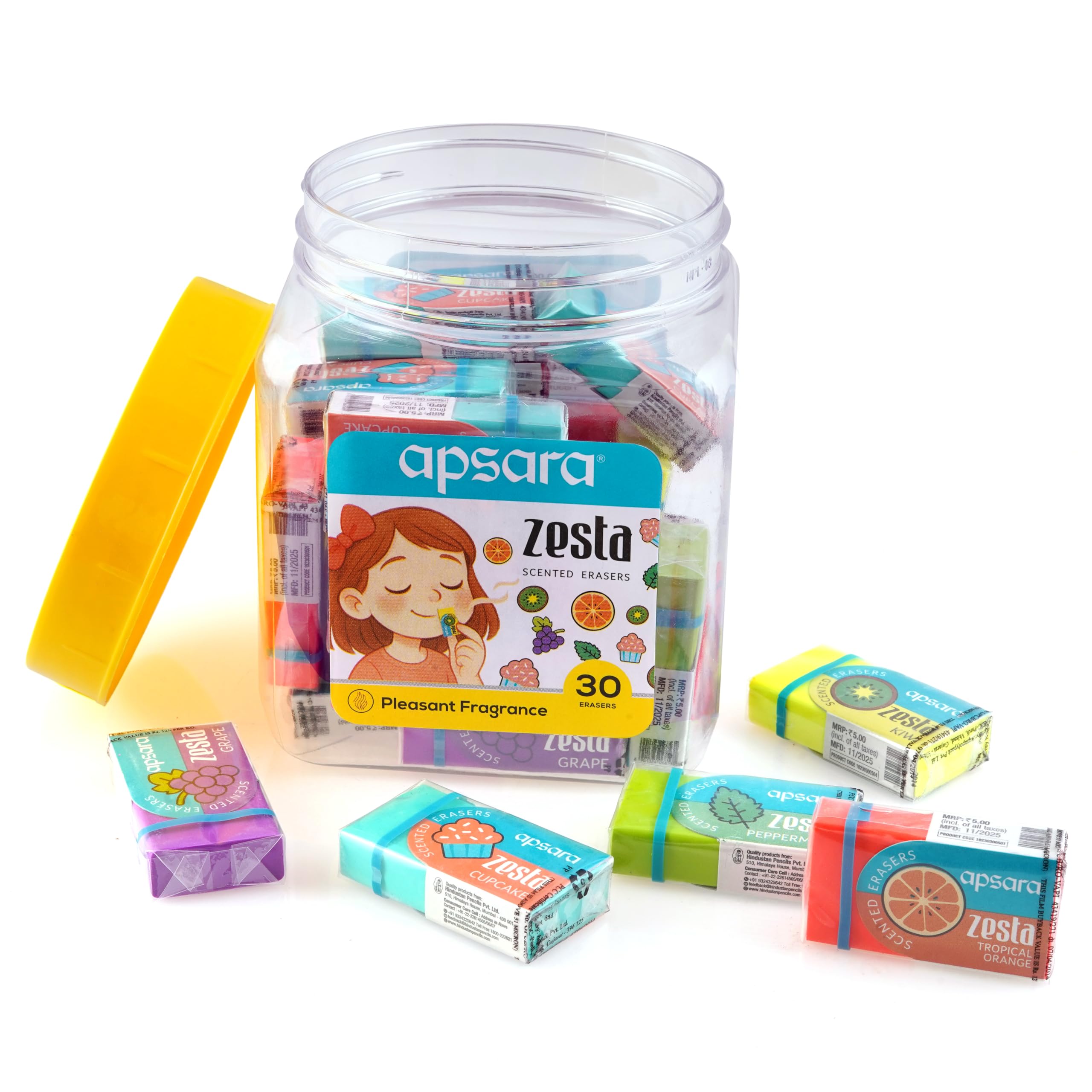 Apsara Zesta Premium Assorted Scented Eraser | Clean Dust Free Erasing | Soft, Smooth & Residue-Free for Students & Artists | Jar Pack of 30 Erasers