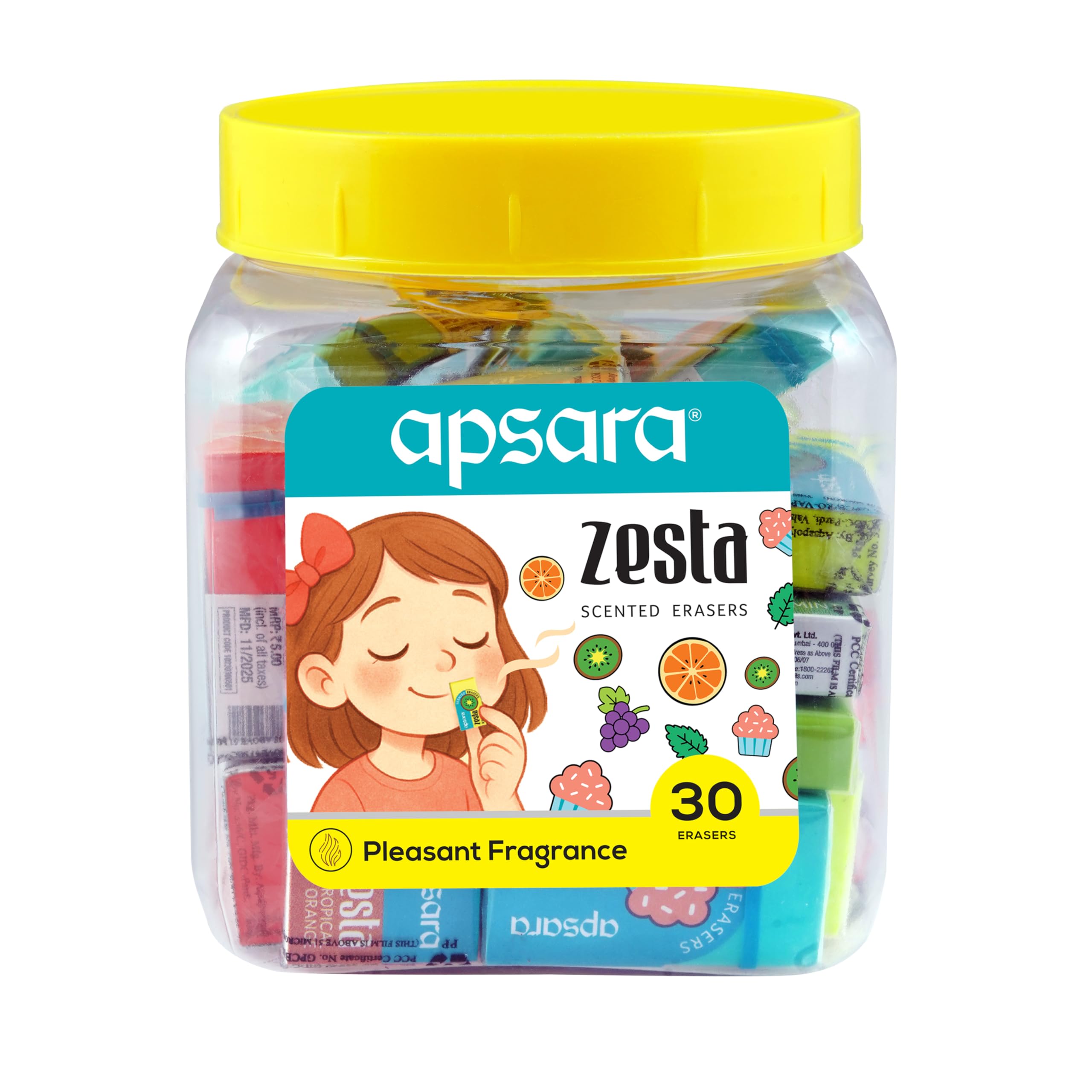Apsara Zesta Premium Assorted Scented Eraser | Clean Dust Free Erasing | Soft, Smooth & Residue-Free for Students & Artists | Jar Pack of 30 Erasers 2