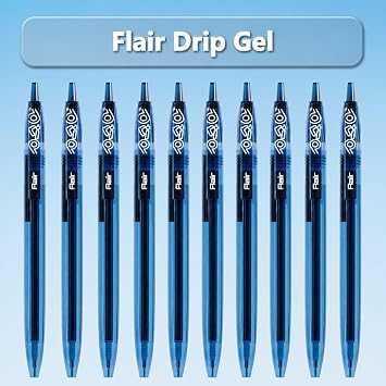 Flair DRIP Retractable/Click Gel Pen- Blue Ink- Pack of 10 | 0.6mm Twin Ball Spring Tip | Smooth Ink Flow For Effortless Writing | Sleek Translucent Design | Lightweight, Long Lasting & Refillable