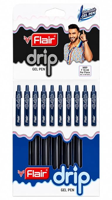 Flair DRIP Retractable/Click Gel Pen- Blue Ink- Pack of 10 | 0.6mm Twin Ball Spring Tip | Smooth Ink Flow For Effortless Writing | Sleek Translucent Design | Lightweight, Long Lasting & Refillable 3