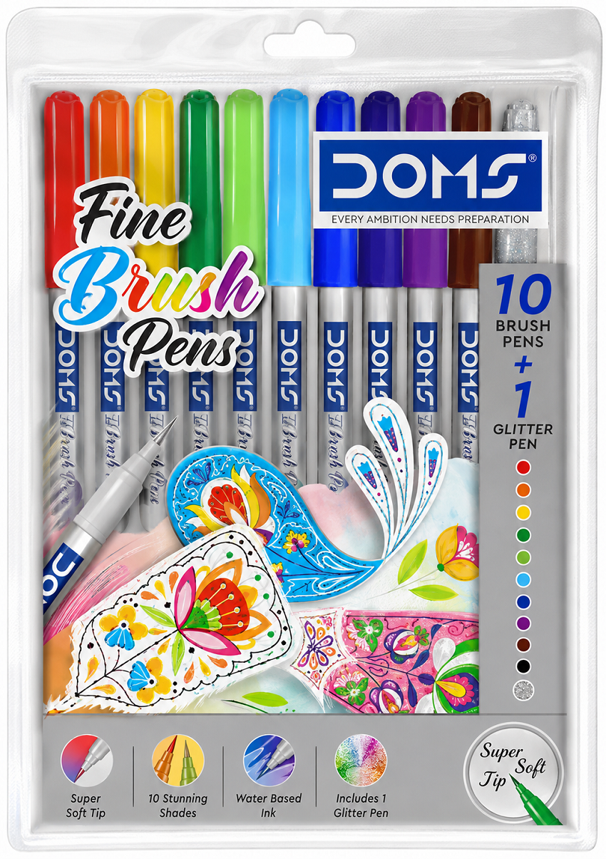 DOMS 11 Shades Brush Pen Box Pack | Super Soft Tip With Brilliant Colors | Water Based Ink Which Gives Water Color Effect | Pack Of 1, Multicolor
