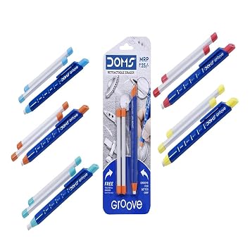 Doms Groove Retractable Eraser | Groove For Better Grip With Excellent Erasing Performance | Free 2 Refill Eraser With This Pack | Pack of 2 Erasers