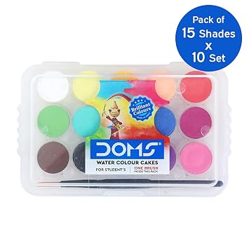 DOMS Non-Toxic 15mm Water Colour Cake Set with Paint Brush and Plastic Case (15 Assorted Shades x 10 Set) (DM7939P10) 2