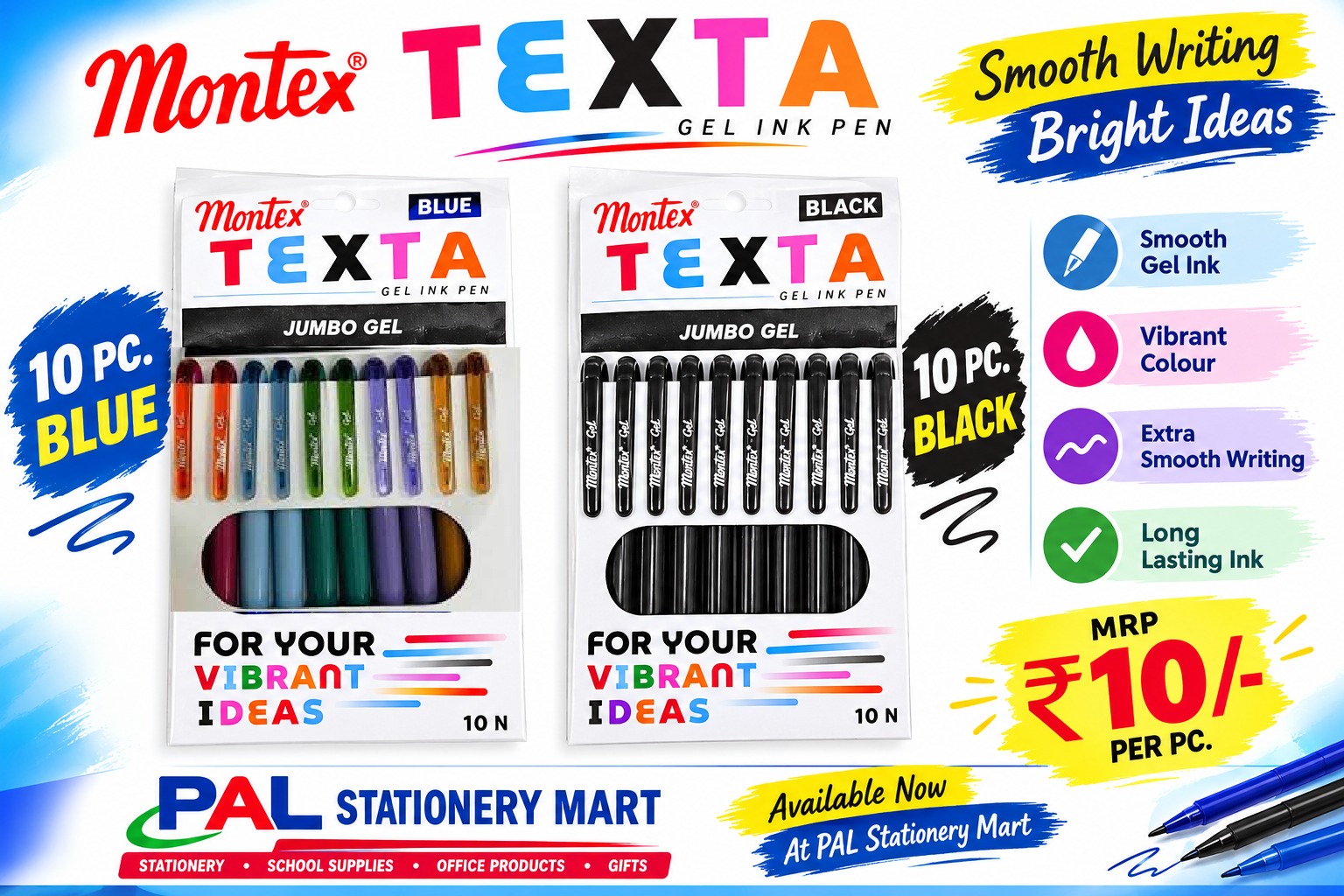 Montex Texta Gel Pen - Water Proof Gel Ink - Quick Dry - Pocket Size - Jumbo Refill - Pack of 20 pens - Blue & Black Ink