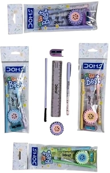 Doms All The Best Stationery Kit| Includes 1 Each- Inxify Plus Ballpen Blue Ink, 15 Cm. Scale, Triangular Extra Dark Wooden Pencil, Long Point Sharpener & Tyre Shape Eraser| For Daily Use| Pack of 10 2