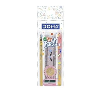 Doms All The Best Stationery Kit| Includes 1 Each- Inxify Plus Ballpen Blue Ink, 15 Cm. Scale, Triangular Extra Dark Wooden Pencil, Long Point Sharpener & Tyre Shape Eraser| For Daily Use| Pack of 10 3