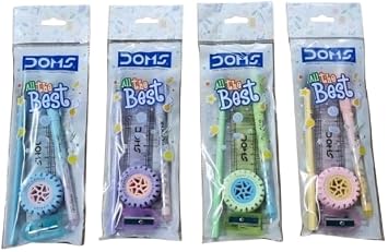 Doms All The Best Stationery Kit| Includes 1 Each- Inxify Plus Ballpen Blue Ink, 15 Cm. Scale, Triangular Extra Dark Wooden Pencil, Long Point Sharpener & Tyre Shape Eraser| For Daily Use| Pack of 10 4