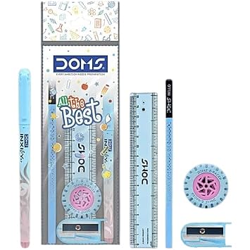 Doms All The Best Stationery Kit| Includes 1 Each- Inxify Plus Ballpen Blue Ink, 15 Cm. Scale, Triangular Extra Dark Wooden Pencil, Long Point Sharpener & Tyre Shape Eraser| For Daily Use| Pack of 10
