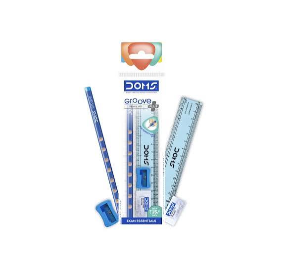 Doms Groove Stationery Kit| Includes 1 HB/2 Groove Graphite Extra Dark Pencil+ 1 Scale 15cm+ 1 Non Dust White Eraser+ 1 Long Point Sharpner| Daily Use Stationery Kit| Fine Birthday Gift For Children| Pack of 20